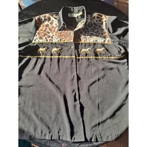 Vtg Delta Burke Embroidered Leopard Blouse Women 2X Short Sleeves Polyester